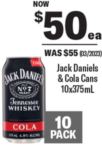 Coles Jack Daniels & Cola Cans 10x375mL offer