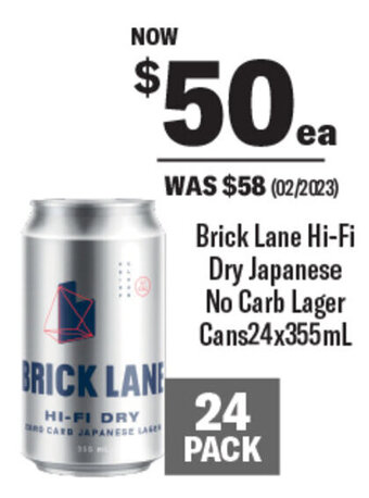 Coles Brick Lane Hi-Fi Dry Japanese No Carb Lager Cans 24x355mL offer