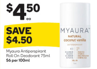 Woolworths Myaura Antiperspirant Roll On Deodorant 75ml offer