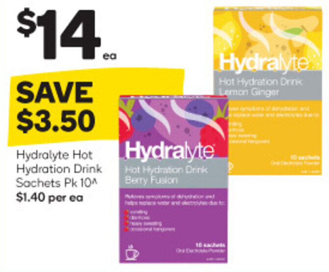 Hydralyte Hot Hydration Drink Sachets Pk 10 offer at Woolworths