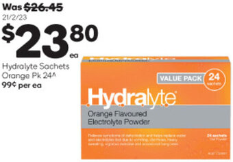 Woolworths Hydralyte Sachets Orange Pk 24 offer