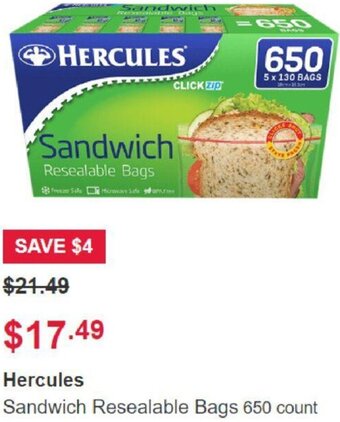 Costco Hercules Sandwich Resealable Bags 650 count offer