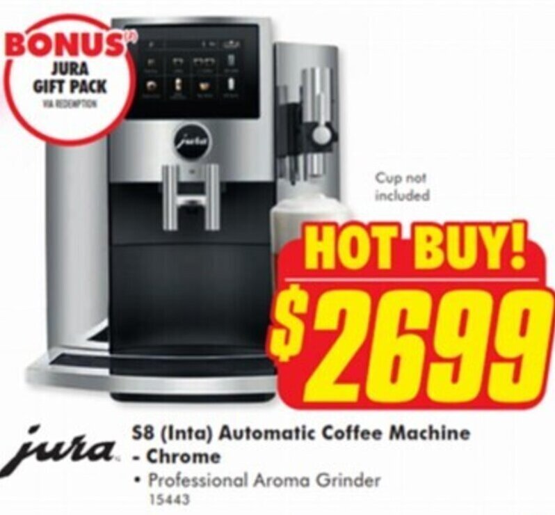 Jura S8 ( Inta) Automatic Coffee Machine Chrome offer at The Good Guys