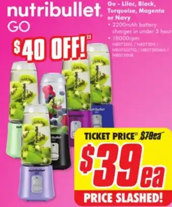 The Good Guys Nutribullet Go - Lilac, Black, Turquoise, Magenta or Navy offer