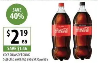 Supabarn COCA COLA SOFT DRINK SELECTED VARIETIES 2 litre $1.10 per litre offer