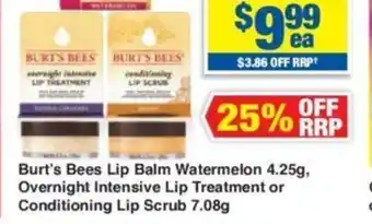 Burt's Bees Lip Balm Watermelon 4.25g, Overnight Intensive Lip Treatment or Conditioning Lip Scrub 7.08g
