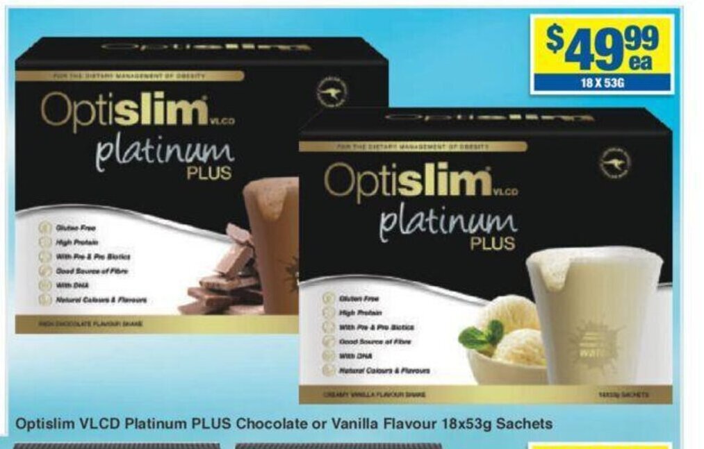 Optislim VLCD Platinum PLUS Chocolate or Vanilla Flavour 18x53g Sachets