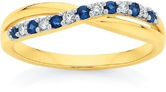 Angus & Coote 9ct gold natural sapphire & diamond crossover ring offer