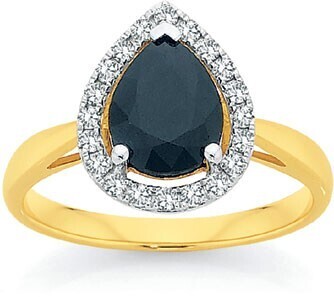 Angus & Coote 9ct gold sapphire & diamond pear halo ring offer