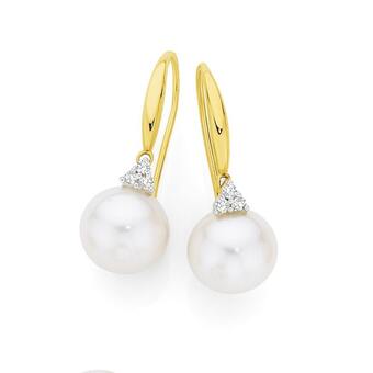 Angus & Coote 9ct gold cultured freshwater pearl & diamond hook earrings offer