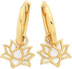 9ct gold lotus flower drop huggie earrings