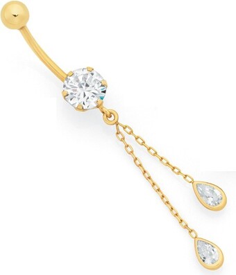 Goldmark 9ct gold round cubic zirconia with pear trace drop belly bar offer