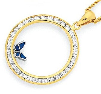 Goldmark 9ct gold cubic zirconia circle with enamel butterfly pendant offer