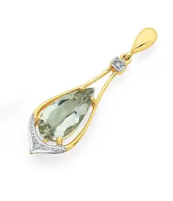 9ct gold green amethyst & diamond teardrop pendant