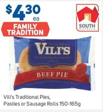 Foodland Vili's Traditional Pies, Pasties or Sausage Rolls 150-165g offer
