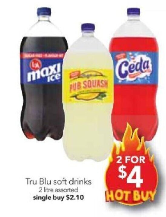 Tru Blu soft drinks 2 litre assorted offer at Cheap as Chips