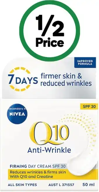 Woolworths Nivea q10 anti-wrinkle firming spf30 day cream face moisturiser 50ml~ offer