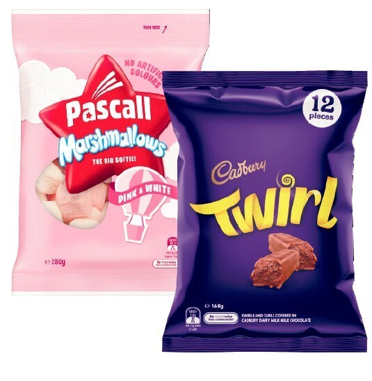 Cadbury sharepack 144g180g or pascall marshmallows 280g offer at Coles