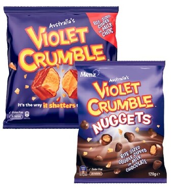 Coles Menz choc coated 130g or violet crumble honeycomb bag 120g-180g offer