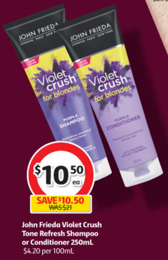 Coles John Frieda Violet Crush Tone Refresh Shampoo or Conditioner 250mL offer