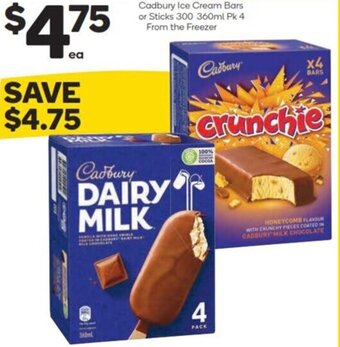Woolworths Cadbury Ice Cream Bars or Sticks 300 360ml Pk 4 From the Freezer offer