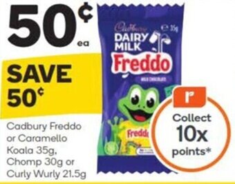 Woolworths Cadbury Freddo or Caramello Koala 35g. Chomp 30g or Curly Wurly 21.5g offer