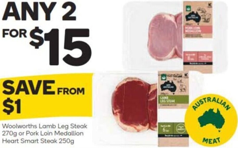 Woolworths Lamb Leg Steak 270g or Pork Loin Medallion Heart Smart Steak