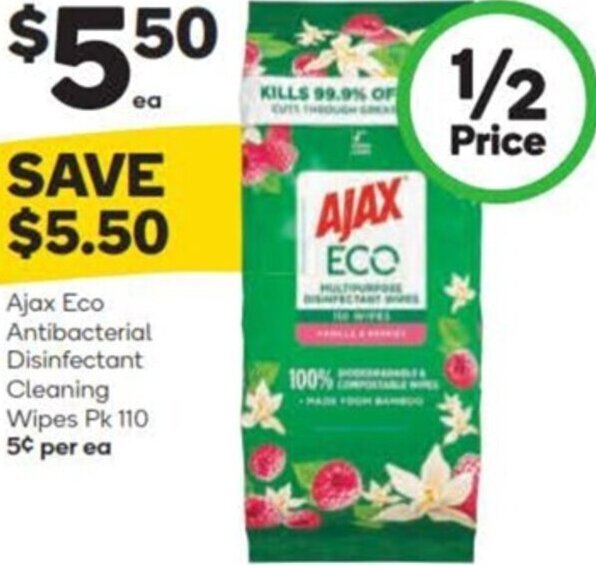 Ajax Eco Antibacterial Disinfectant Cleaning Wipes Pk 110 offer at