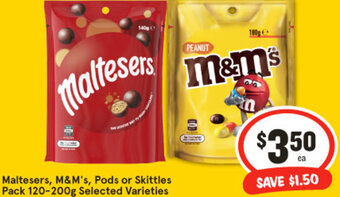 IGA Maltesers, M&M's, Pods or Skittles Pack 120-200g offer