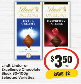 IGA Lindt Lindor or Excellence Chocolate Block 80-100g offer
