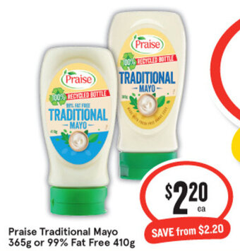 IGA Praise Traditional Mayo 365g or 99% Fat Free 410g offer