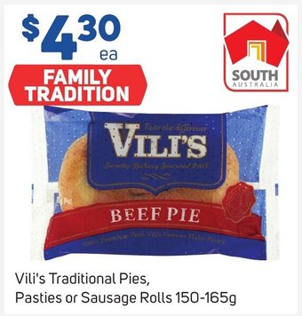 Foodland Vili's Traditional Pies, Pasties or Sausage Rolls 150-165g offer