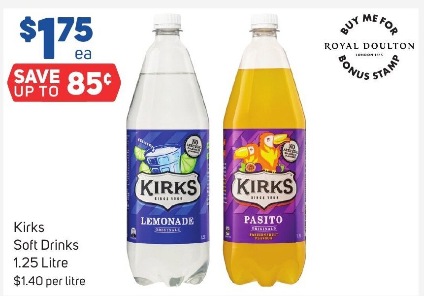 KIRKS Soft Drinks 1.25 Litre offer at Foodland