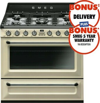 The Good Guys Smeg 90cm Victoria Dual Fuel Upright Cooker - Cream offer