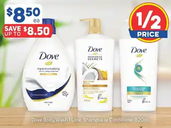 Foodland Dove Body Wash 1 Litre, Shampoo or Conditioner 820ml offer
