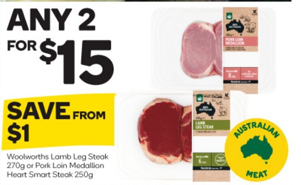 Woolworths Lamb Leg Steak 270g or Pork Loin Medallion Heart Smart Steak