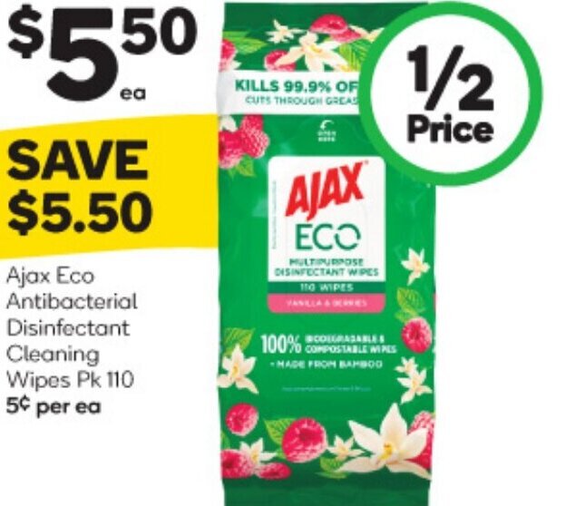 Ajax Eco Antibacterial Disinfectant Cleaning Wipes Pk 110 offer at BIG W