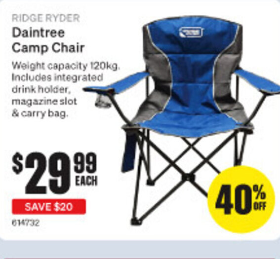 RIDGE RYDER Daintree Camp Chair offer at SuperCheap Auto