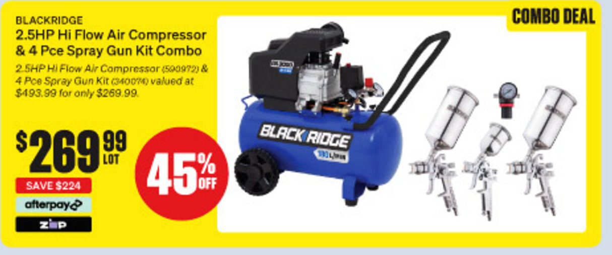 BLACKRIDGE 2.5HP Hi Flow Air Compressor & 4 Pce Spray Gun Kit Combo offer at SuperCheap Auto