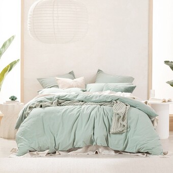 Pillow Talk Stonewashed cotton eucalyptus quilt cover set by habitat offer