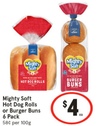 IGA Mighty Soft Hot Dog Rolls or Burger Buns 6 Pack offer