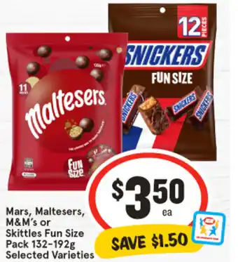 IGA Mars, Maltesers, M&M's or Skittles Fun Size Pack 132-192g offer