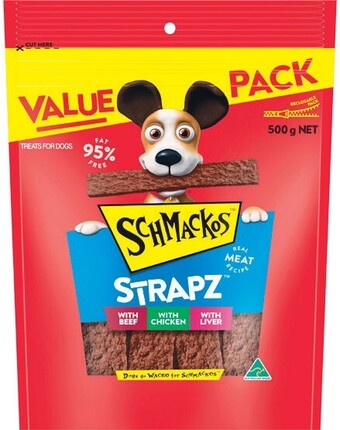 Woolworths Schmackos strapz dog treats 500g offer