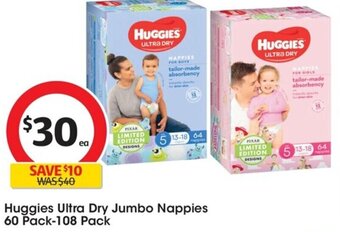 Coles Huggies Ultra Dry Jumbo Nappies 60 Pack-108 Pack offer