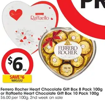 Coles Ferrero Rocher Heart Chocolate Gift Box 8 Pack 100g or Raffaello Heart Chocolate Gift Box 10 Pack 100g offer
