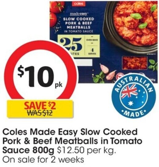 Coles Made Easy Slow Cooked Pork & Beef Meatballs in Tomato Sauce 800g