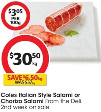 Coles Coles Italian Style Salami or Chorizo Salami offer