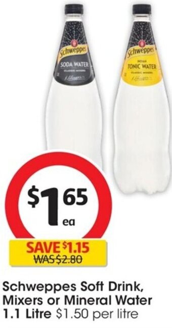 Coles Schweppes Soft Drink, Mixers or Mineral Water 1.1 Litre offer