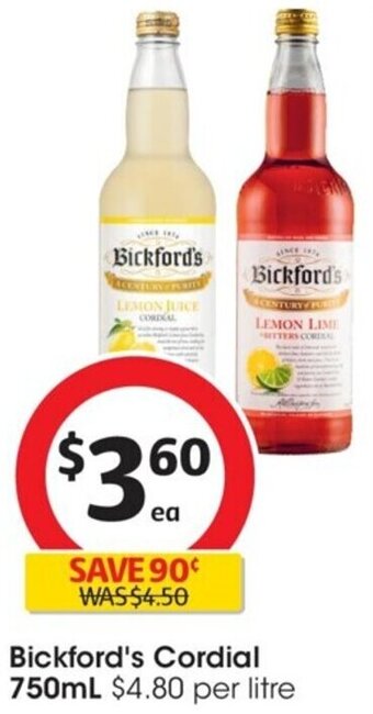 Coles Bickford's Cordial 750mL offer