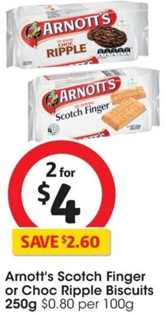 Coles Arnott's Scotch Finger or Choc Ripple Biscuits 250g offer